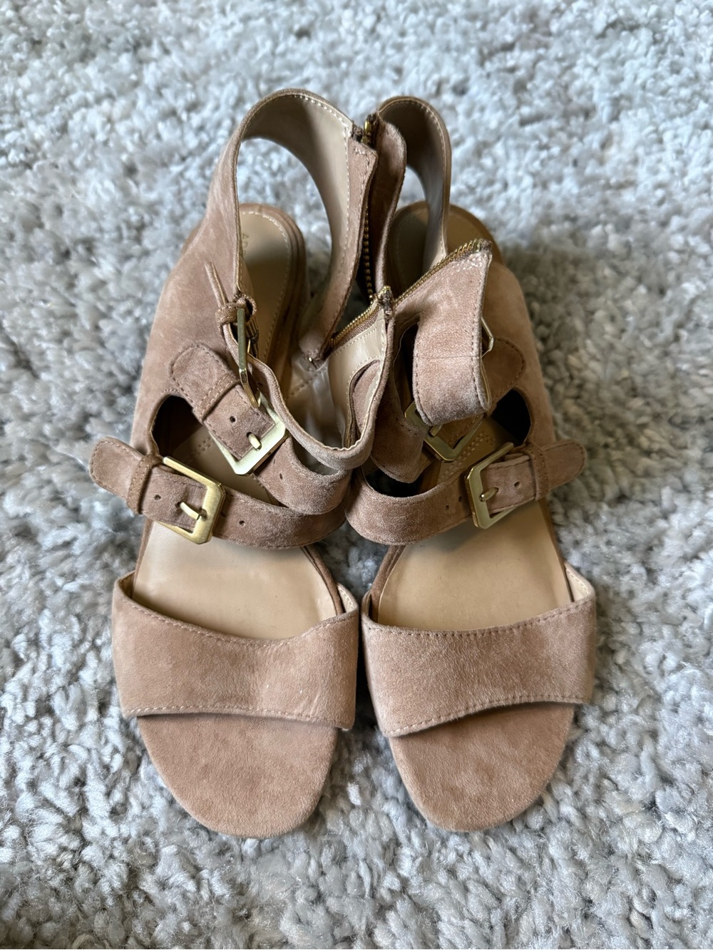 Adrienne Vittadini Taupe Suede Buckle Slingback Heels